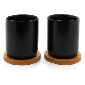 Súprava 2 čiernych keramických hrnčekov s bambusovými táckami Bredemeijer Umea, 200 ml