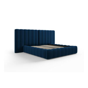 Tmavomodrá čalúnená dvojlôžková posteľ s úložným priestorom s roštom 160x200 cm Gina – Milo Casa